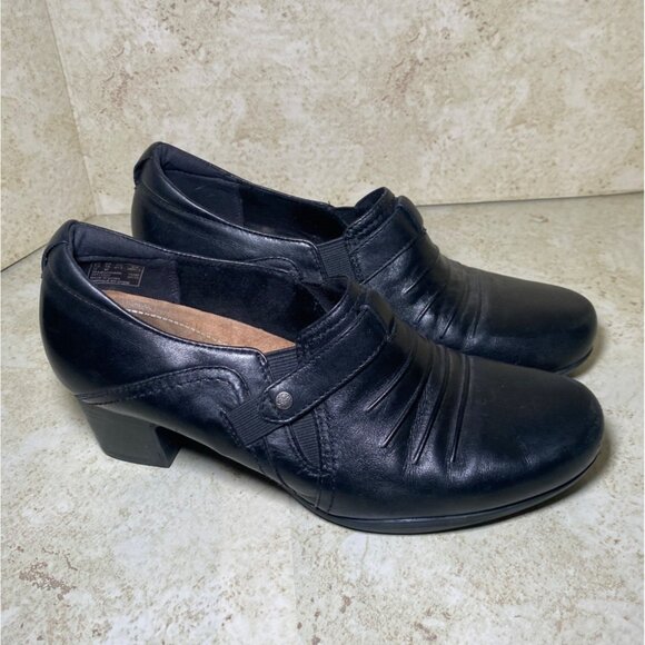 Clarks Black Leather Womens Heeled Loafers Casual Comfort Workwear - Picture 3 of 7